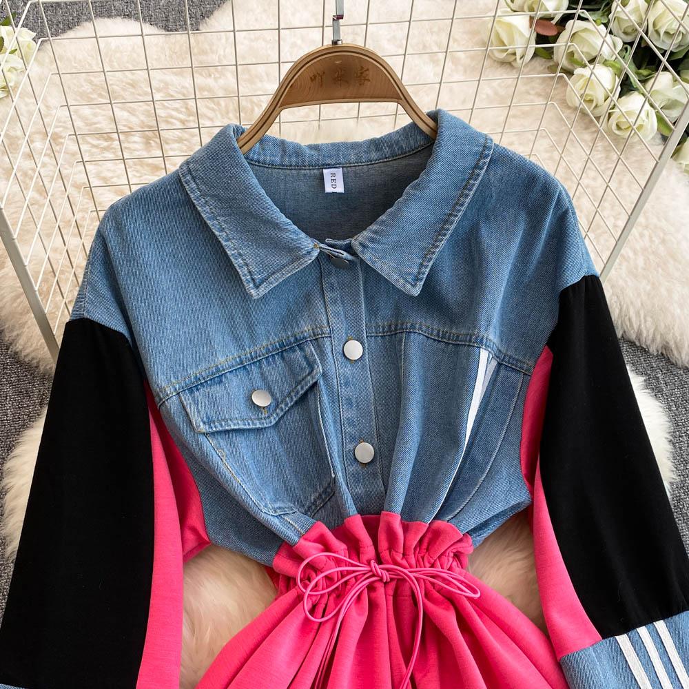 Новое контрастное джинсовое платье в стиле пэчворк с лацканами, женское дизайнерское платье Sense с завязками на талии, утягивающее длинное платье