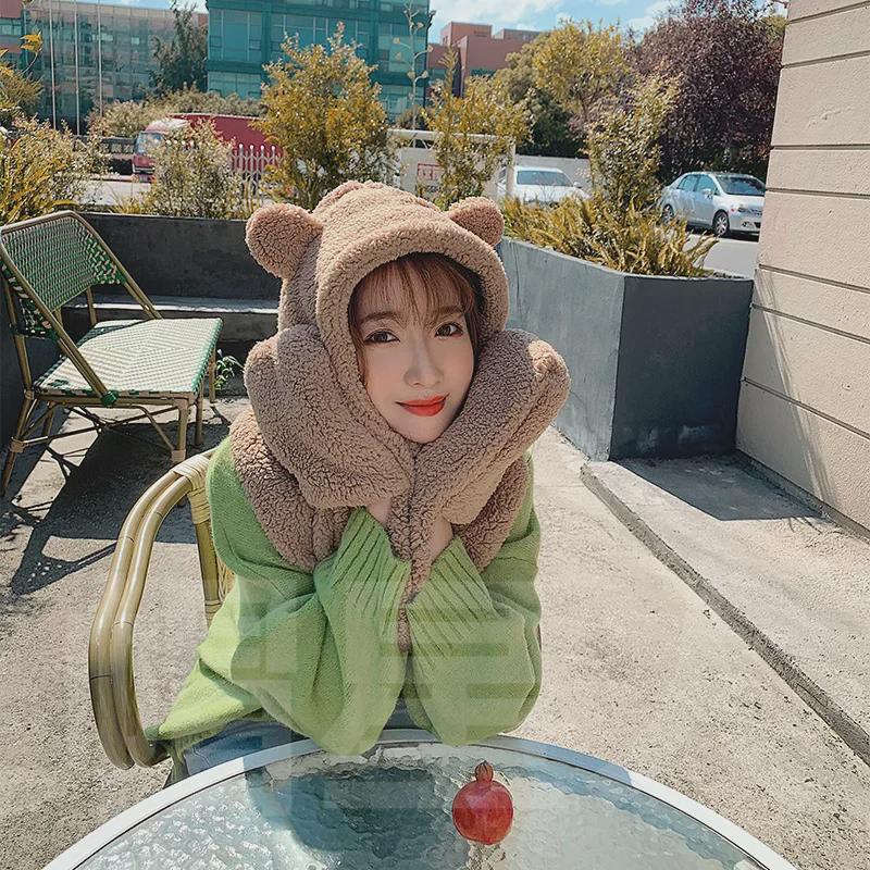 Комплект шапок и шарфа в стиле Дженни с медведем: Женский теплый плюшевый осенне-зимний галстук для студентов