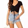 Fashion Versatile Foreign Trade Women's Clothing Summer Sexy V-neck Drawstring Slimming and Short Midriff Outfit Sexy Short Sleeve T-shirt Top