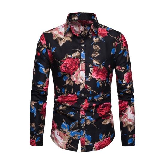 Men Spring Summer Shirt Turn-down Collar Single-breasted Slim Fit Long Sleeve Buttons Soft Breathable Vivid Flower Print Mid Length Men Top