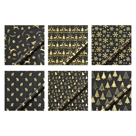 Рождественская двусторонняя рулонная упаковочная бумага Черная Золотая фольга Дизайн Рождественская елка Снежинка Олень Подарочная упаковочная бумага 17" x 190" Джамбо рулон