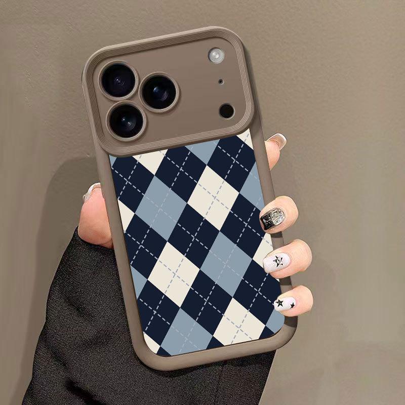 Сине-белый чехол для iPhone с ромбовидным узором для 13, 14 Pro, 15, 16 Pro Max, 17 - Стильный и модный дизайн