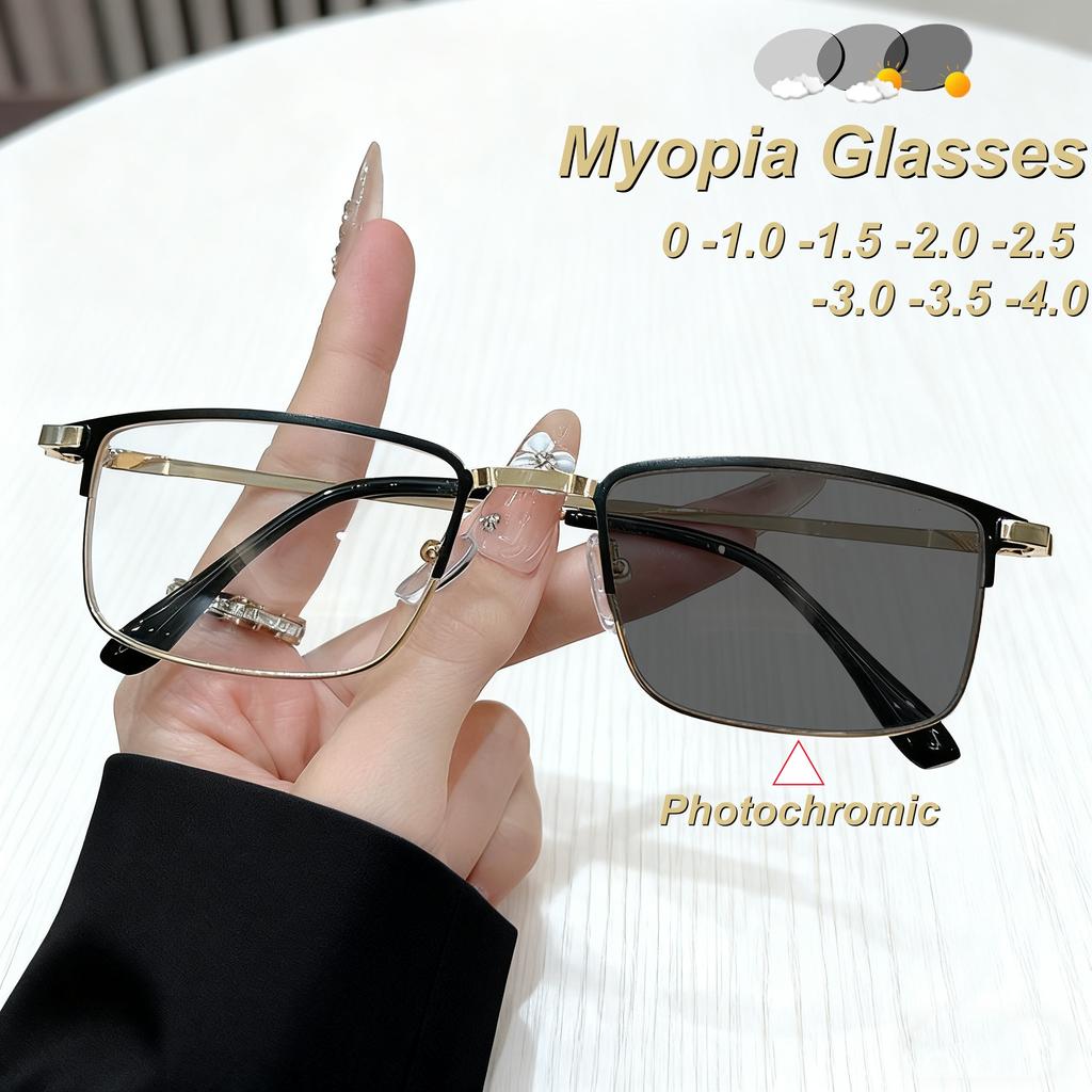 Retro Business Square Full Frame Photochromic Men'S Myopia Glasses Ultra Light Neutral High-Definition Anti Blue Light Glasses