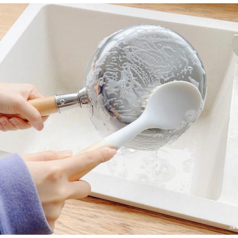 Щетка для мытья кастрюль с деревянной ручкой, многофункциональная щетка для мытья кухонных кастрюль с длинной ручкой, нежирная щетка для мытья посуды и мисок