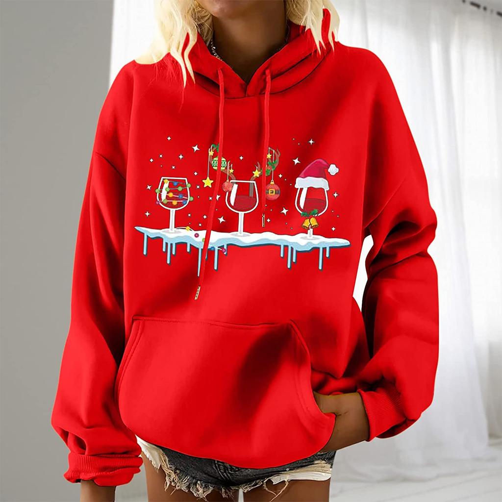 Женская мода для отдыха, рождественской вечеринки, пуловер с длинными рукавами и капюшоном с принтом, топ
