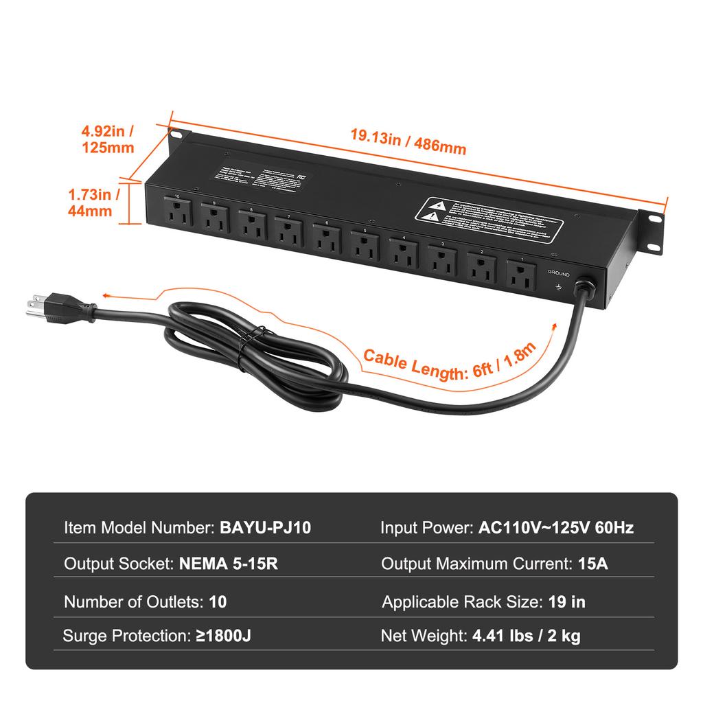 SucceBuy 1U PDU 8/10/12 розеток 110-125В/15А Монтируемая в стойку сетевая полоса Подходит для стандартных 19 серверных стоек Идеально для дома и офиса