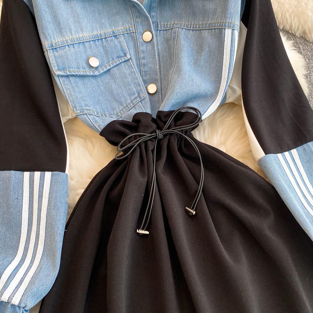 Новое контрастное джинсовое платье в стиле пэчворк с лацканами, женское дизайнерское платье Sense с завязками на талии, утягивающее длинное платье