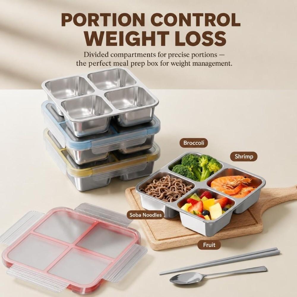 4 Grid Square Sealed Snack Box 304 Stainless Steel Thermal Lunch Box School Office