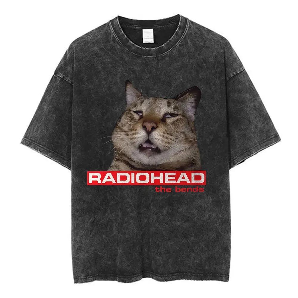 Рок-группа Radiohead The Bend Забавная кошка Винтажная стираная футболка Мужчины Женщины Круглый вырез Хлопок Уличная одежда Харадзюку Мода Повседневный Оверсайз Топ Летний Новая футболка