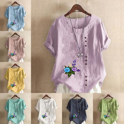 Женская модная футболка с цветочным принтом и круглым вырезом, с коротким рукавом, повседневная хлопково-льняная рубашка с рисунком, свободная летняя блузка для отдыха, топы
