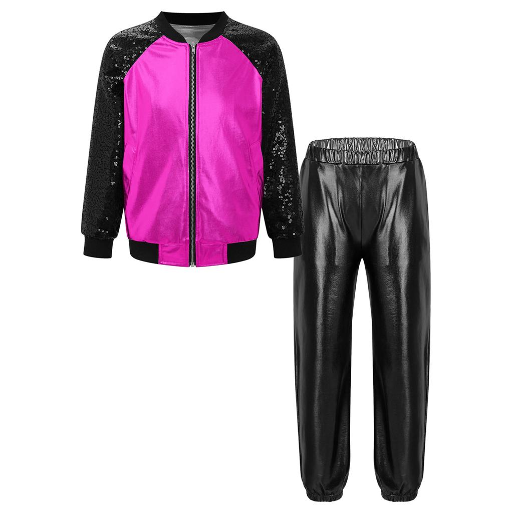 Детская куртка на молнии с длинными рукавами и блестками для девочек и штаны цвета металлик для танцевального выступления в стиле хип-хоп