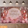 2D Pink Rose Gold Birthday Backdrop, Glitter Balloon & Floral Party Photography Background