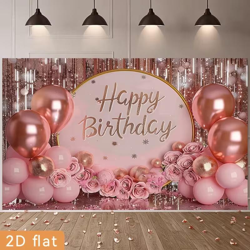 2D Pink Rose Gold Birthday Backdrop, Glitter Balloon & Floral Party Photography Background
