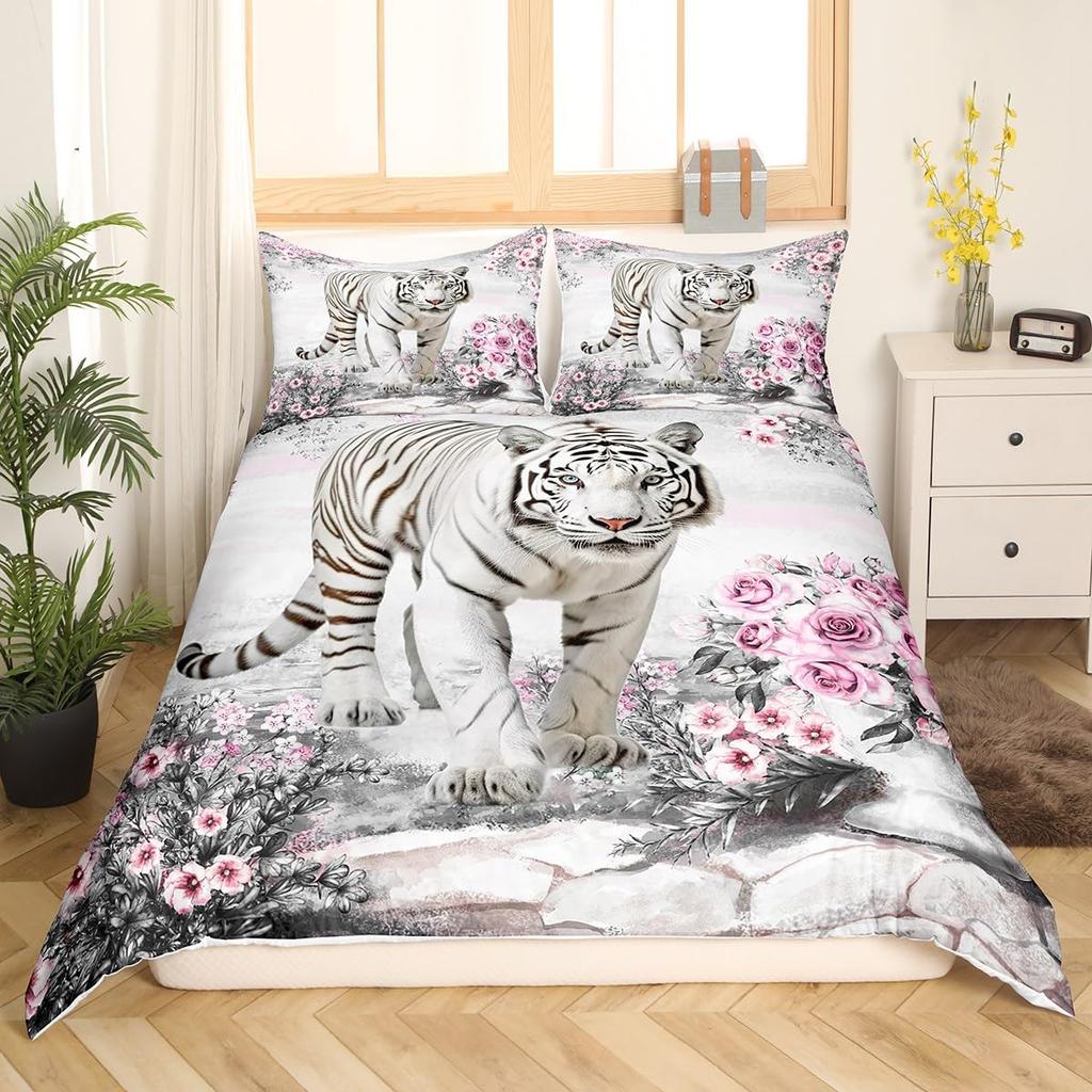 White Tiger Duvet Cover Set Queen Size Wildlife Comforter Covers Animal Print Bedding Set For Boys Girls Kids Art Bedroom Decor