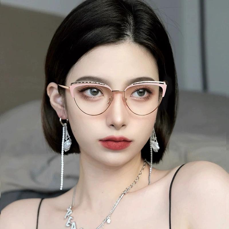 New Cat Eye Glasses Pink Frame Metal Anti Blue Light Flat Glasses Plain Brand Design Retro Myopia Women Computer Eyewear