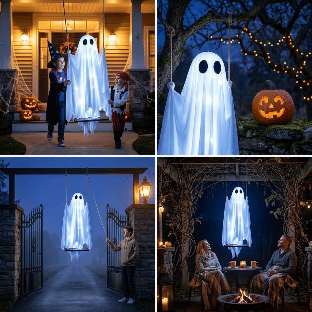 Light-Weight Hanging Halloween Ghost Swing Spooky Glowing Effect Ghost Swing Set Outdoor Entrance