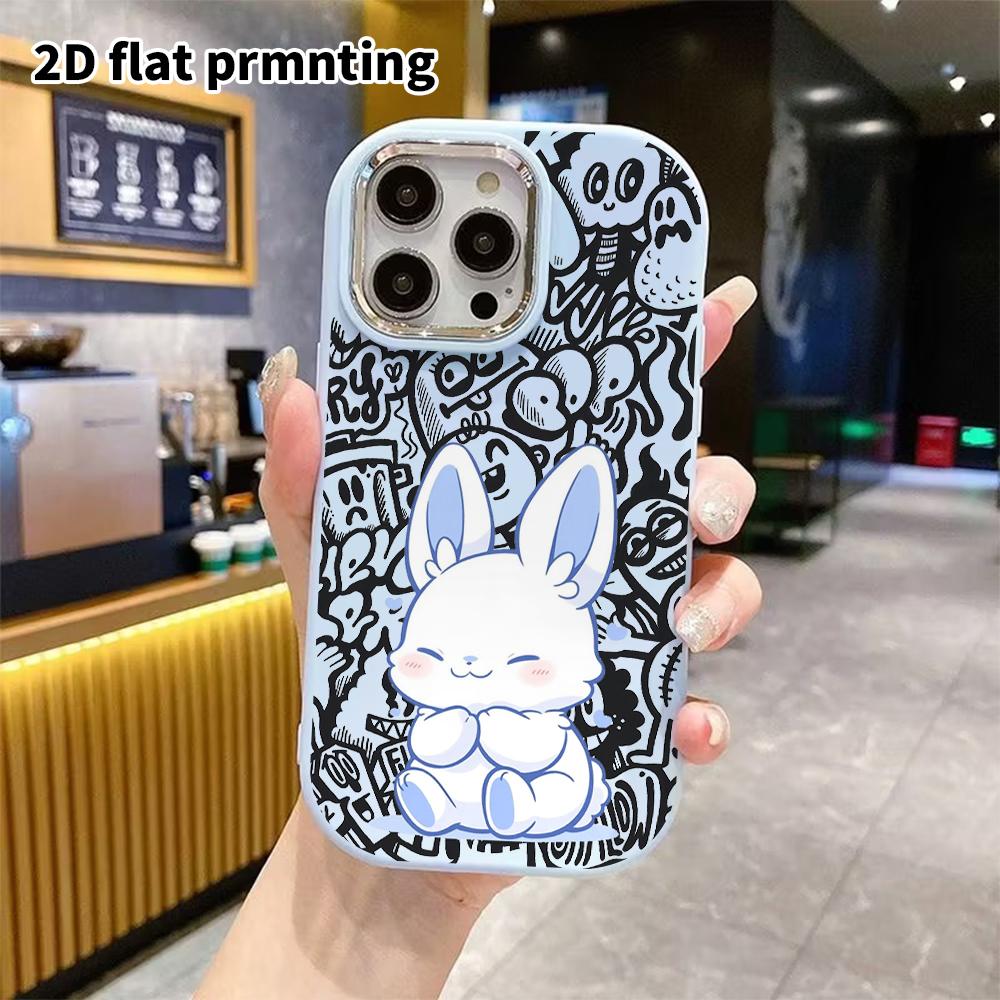 Phone case: 2D flat design suitable for iPhone 18 17 16 15 14 13 Pro protective case, couple style, blue inner ear white rabbit, Christmas and Hallowe