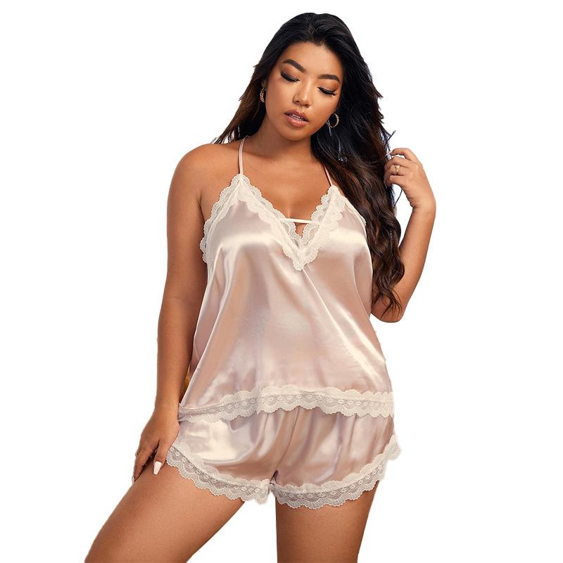 Women Plus Size Pajamas Camisole Shorts Set Nightwear Sexy Lace Lingerie Sleepwear