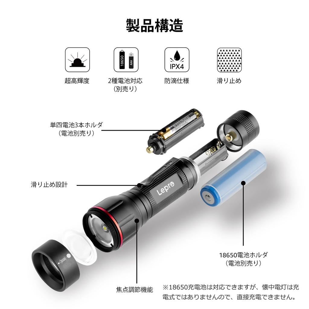 Lepro LED High 18650 and AAA Battery 5 Lighting with Ideal for Disaster Power and and Night Fishing Flashlight, Powerful, Military-Grade [LE2050,