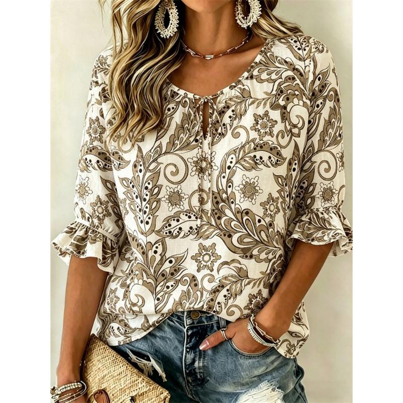 Women's Blue Beige Paisley Print Tie Neck Blouse