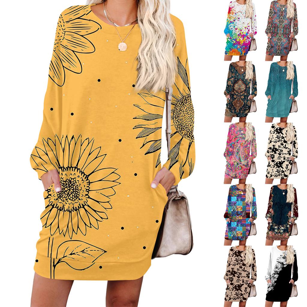 Women's Retro Printed Fashionable Long-sleeved Round-neck Pocket Dress