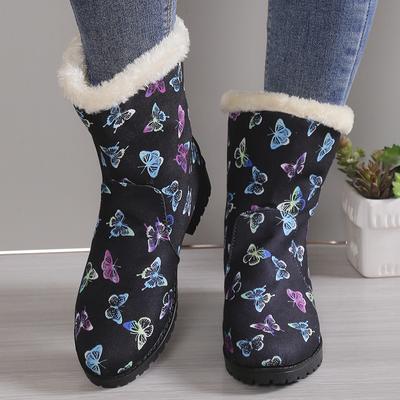 Женские зимние ботинки, зимняя теплая обувь, туфли на платформе с круглым носком, женские ботильоны с принтом бабочек, размер 36-43