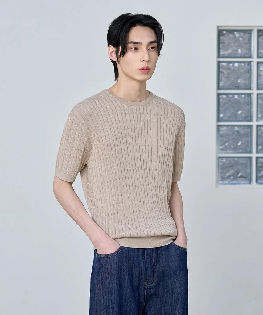 AGOD Cotton Modal Washable Crew Neck Cable Knit [Beige]