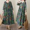 New Spring and Summer Retro Cotton and Linen Round-neck Floral Pocket Long-sleeved Dress for Women, Loose and Slimming A-line Dress