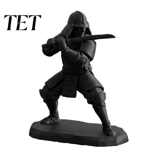 Dark Warrior Desk Decor 3D Printed Samurai Figurine with Swords, Cool Statue, Stable Matte Black Desktop Sculpture Base Ornament for Gaming
