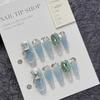 HANDMADE Long Water Drops Shape Artificial Nail Gentle Luxurious Hollow French High-end Light Blue Fine Sparkling Gemstones Phototherapy Nail