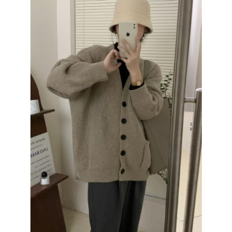 Винтажный ленивый кардиган V-образного выреза, вязаный, для женского осенне-зимнего сезона, новый, свободный, универсальный, на пуговицах, куртка-свитер для женщин