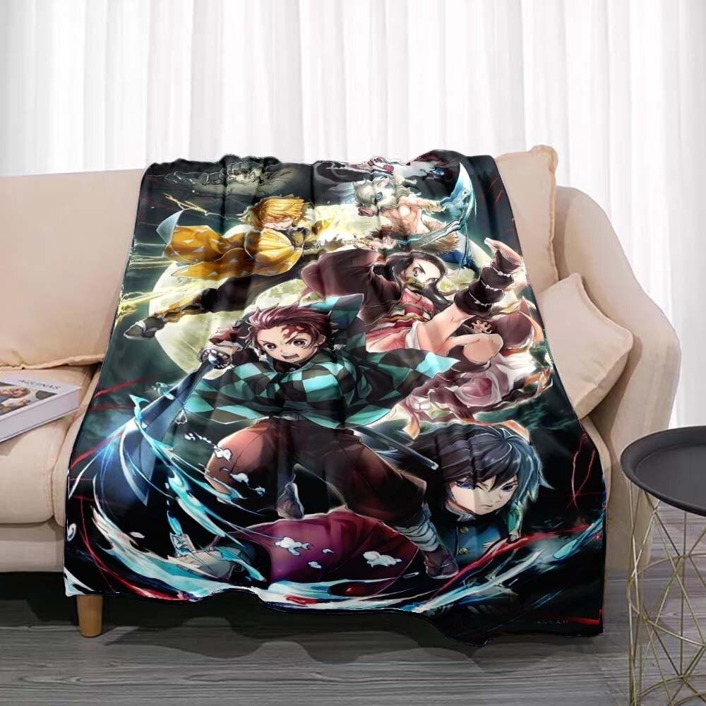Demon Slayer Flannel Throw Blanket Anime Cartoon Smooth Soft Bedspread Warm Gamer Gift Living Room Sofa Home Bedroom Decor