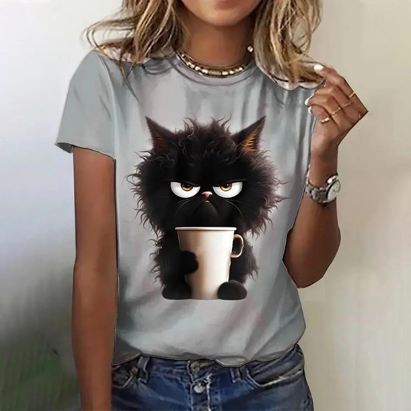 Summer Women's T Shirt Casual Short Sleeve 3d Cat Print T Shirts Fashion Streetwear Crew Neck Pullover Oversized Female Clothing