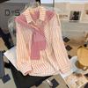 Women Shirt Lapel Long Sleeve Vertical Striped Fake Two-Piece Design Shawl Back Shirt Loose Fit Buttons Placket Shirt Tops