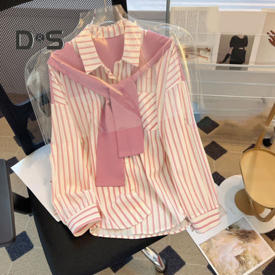 Women Shirt Lapel Long Sleeve Vertical Striped Fake Two-Piece Design Shawl Back Shirt Loose Fit Buttons Placket Shirt Tops