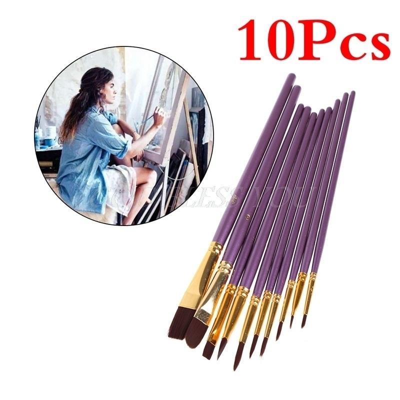 10 Pcs Artist Paint Brush Set Nylon Hair Watercolor Acrylic Oil Painting Drawing