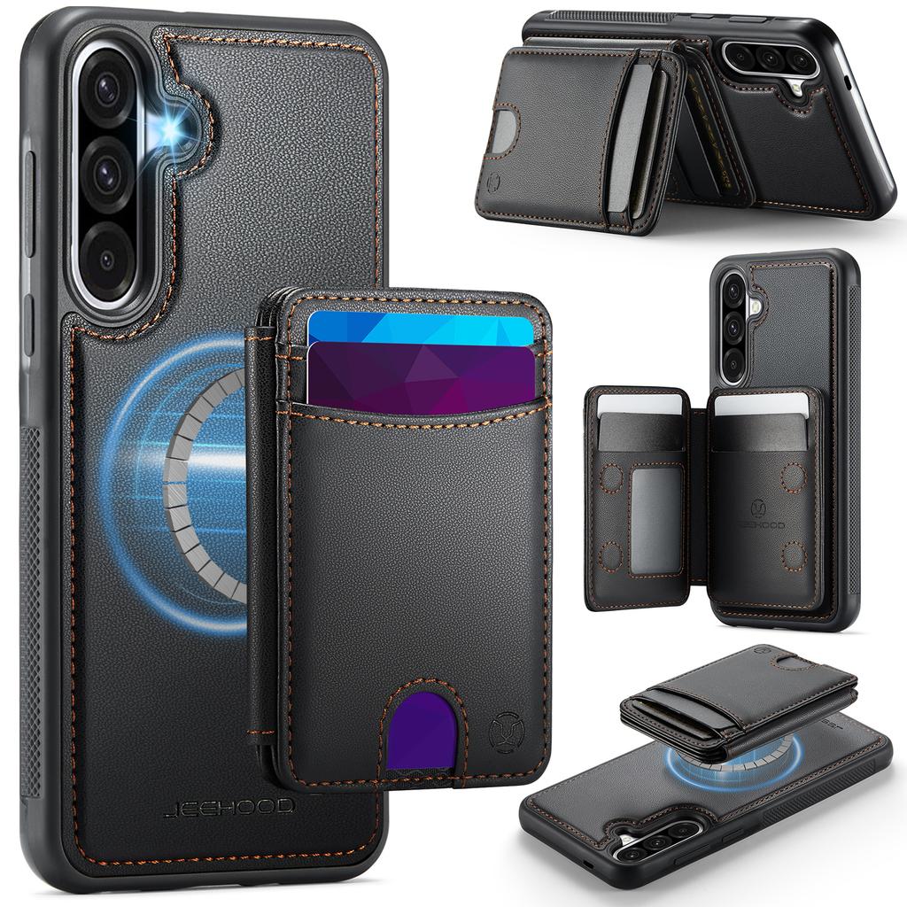 For Samsung Galaxy A56 5G Magnetic Case JEEHOOD J10 Leather Back Phone Cover with Detachable Card Holder Kickstand
