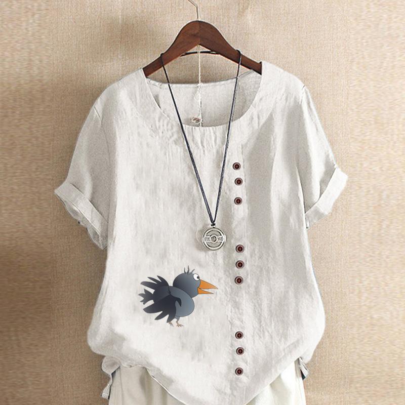 Women's Fashion Round Neck Short Sleeve T-shirt Casual Cotton Linen Graphic Shirt Leisure Loose Crow Prined Summer Blouse Tops