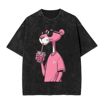 Мужская футболка Pink-Panthers Drinking Washed T Shirts Hippie Beach Tee Shirt Y2K Funny Design Casual Clothing