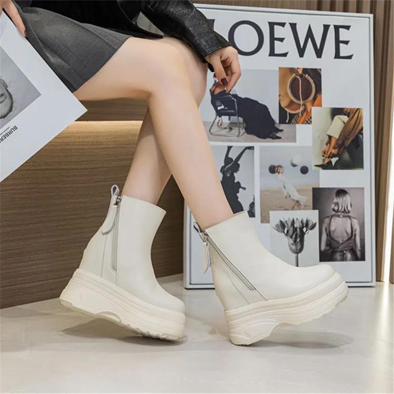 Короткие плюшевые женские ботильоны, элегантные женские ботильоны на танкетке, женские короткие ботильоны, весна-осень, круглый носок, женская обувь, зимняя обувь