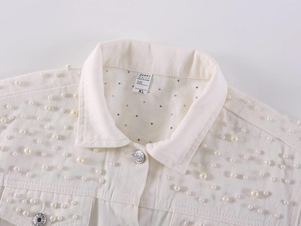 Women's Plus Size Studded Rhinestone Denim Jacket with Pearl Beading