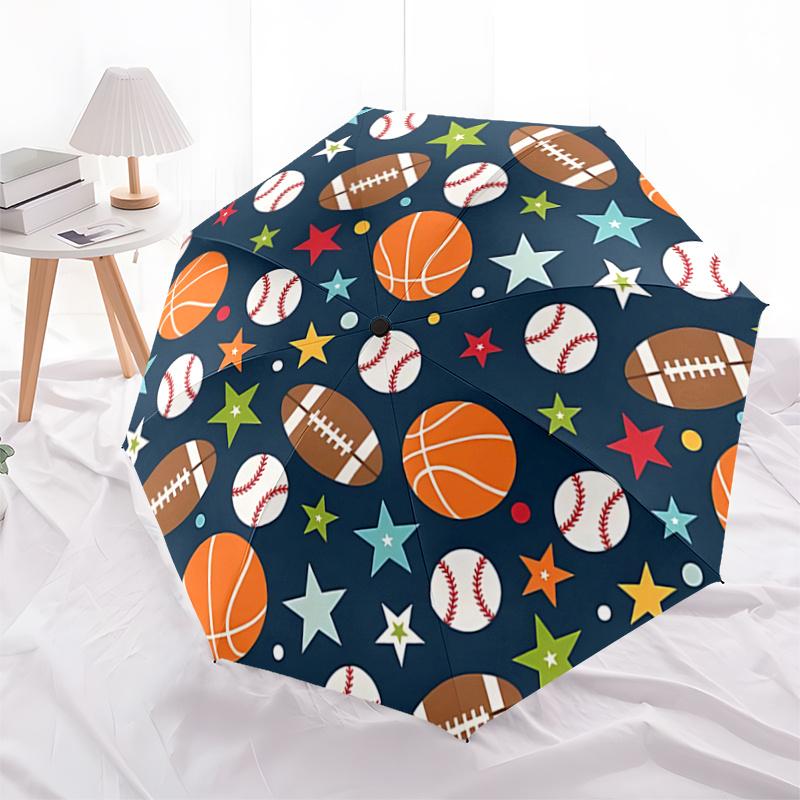 Sports Ball & Star Pattern Automatic Opening/Closing Umbrella - Portable Tri-Fold Design, 8-Rib Iron Frame Outdoor Umbrella, Ideal Gift for