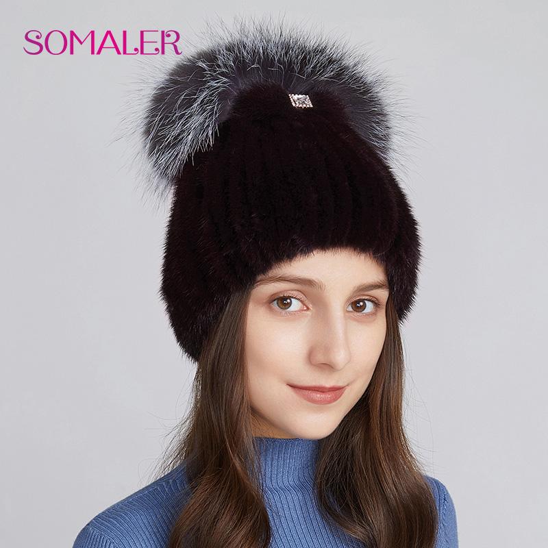 SOMALER Вязаные шапки из натурального норкового меха для женщин, зимняя теплая шапка из лисьего меха с украшением, уличная шапка с черепом