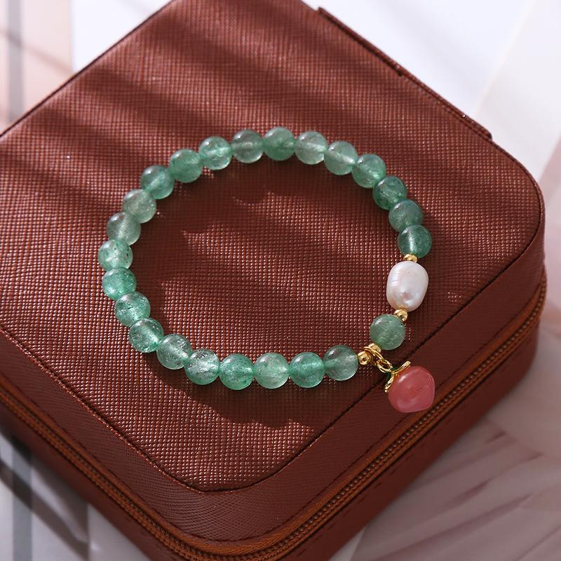 100% Натуральный пресноводный жемчуг и зеленый халцедон и клубничный кварц Модный персиковый браслет-цепочка из бусин для женщин, заполненный 14-каратным золотом