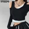 WTEMPO Лоскутные женские футболки из двух предметов с длинным рукавом, укороченные топы Y2K, женские тонкие рубашки, уличная одежда, клубная одежда