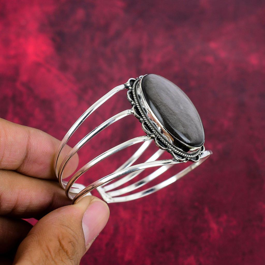 Серебряный блеск обсидиана ювелирные изделия ручной работы из драгоценных камней, браслет из стерлингового серебра 925 пробы, уникальный дизайн ювелирных изделий, для женщин
