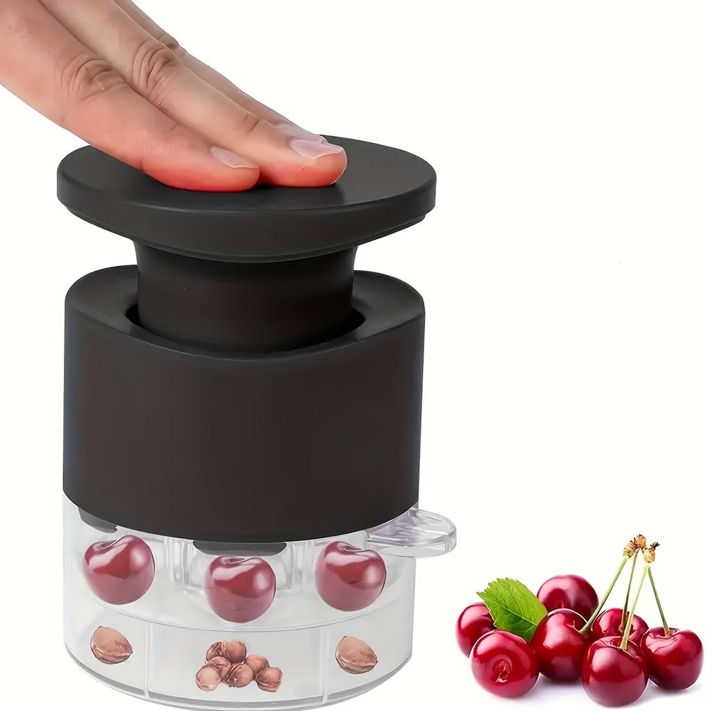 1pc Press To Remove Cherry Pitter , Efficiently Removes Pits from 7 Cherries At Once, White/Black Kitchen Gadget with Clear Container