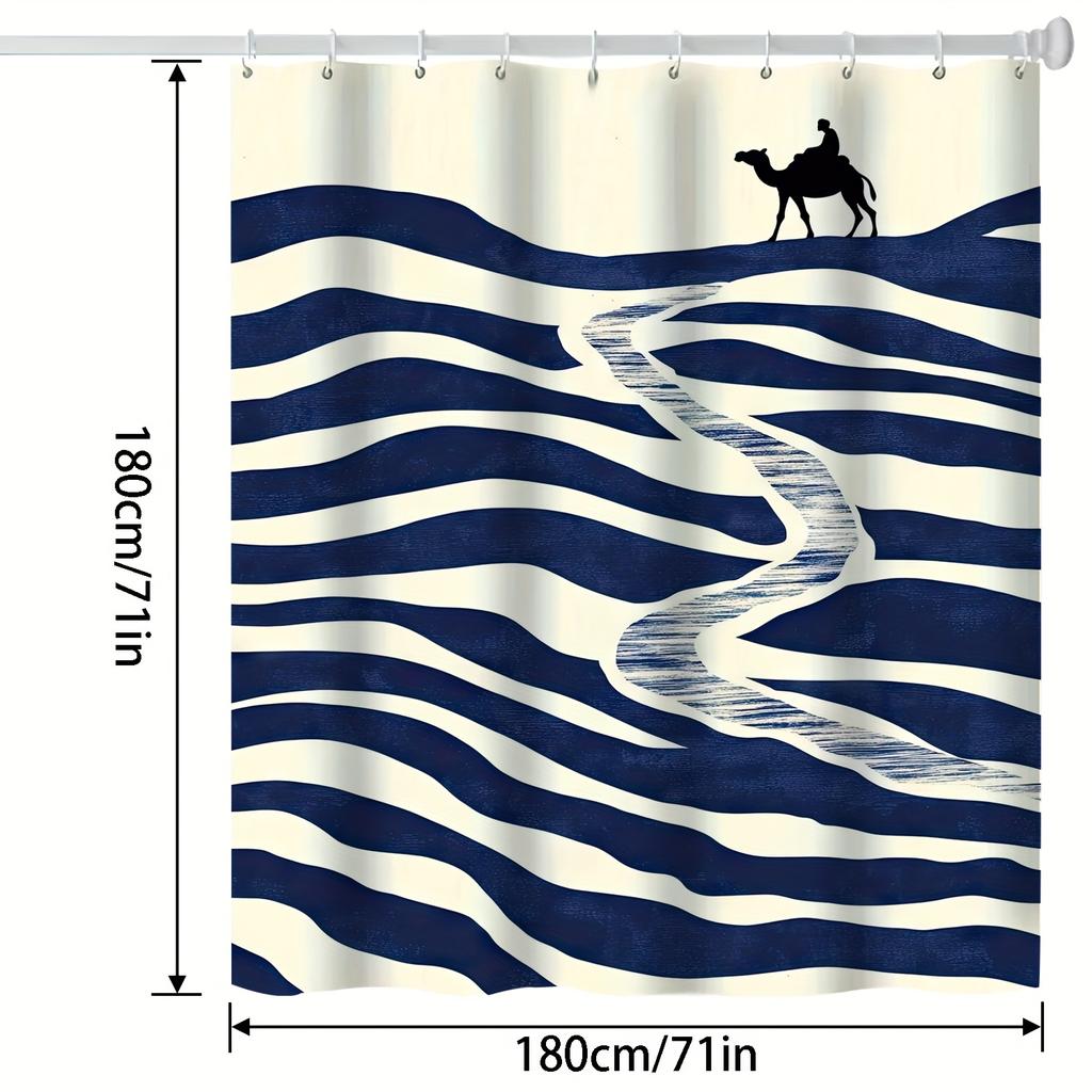 Modern Abstract Wave Shower Curtain - Navy Blue & White Stripes, Polyester Fabric, Machine Washable, Contemporary Bath Decor