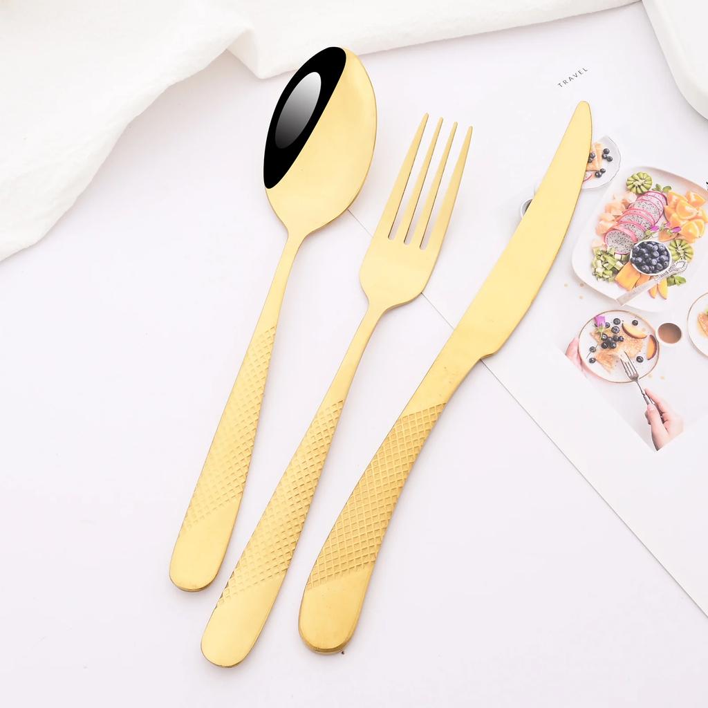 24Pcs Silver Gold Tableware Sets Stainless Steel Cutlery Steak Knife Tea Fork Coffee Spoon Flatware Dinner Kitchen Dinnerware