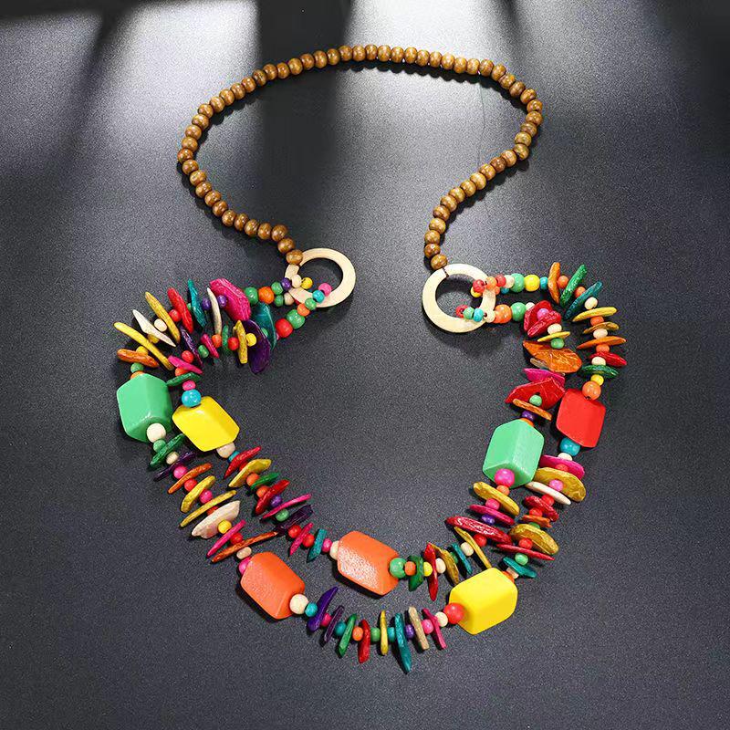 Богемное Ретро Красочное Этническое Ожерелье из Бисера с Ручной Работы Галькой и Рисовым Бисером для Женщин